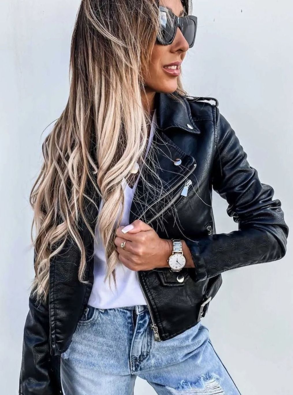 Women's Faux Leather Asymmetric Zip Moto Jacket, Black