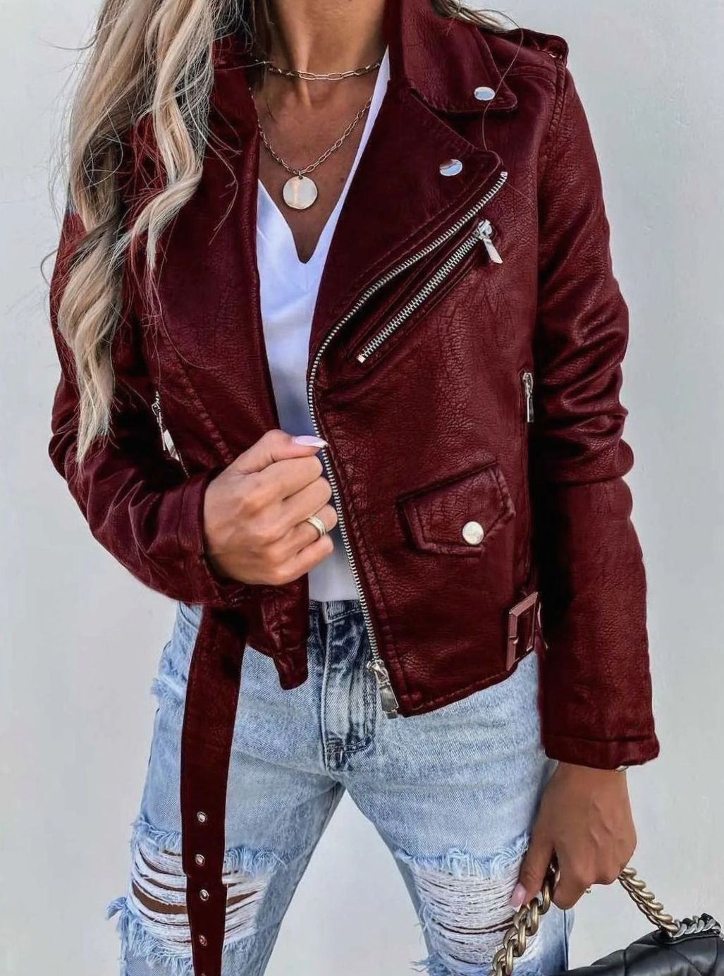Women's Faux Leather Asymmetric Zip Moto Jacket, Black - Red