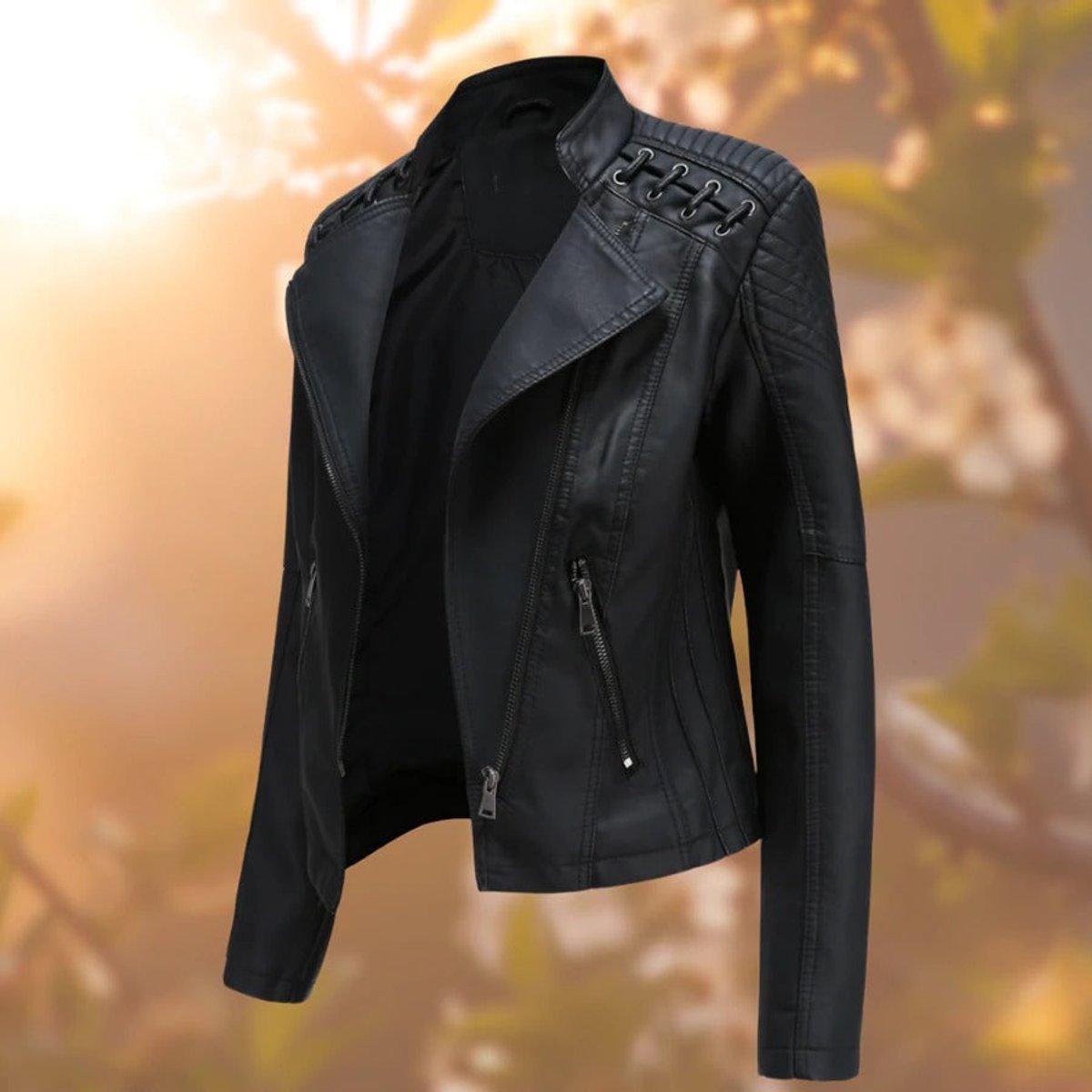 Women's Faux Leather Biker Jacket Zip-Up Moto Style - Black