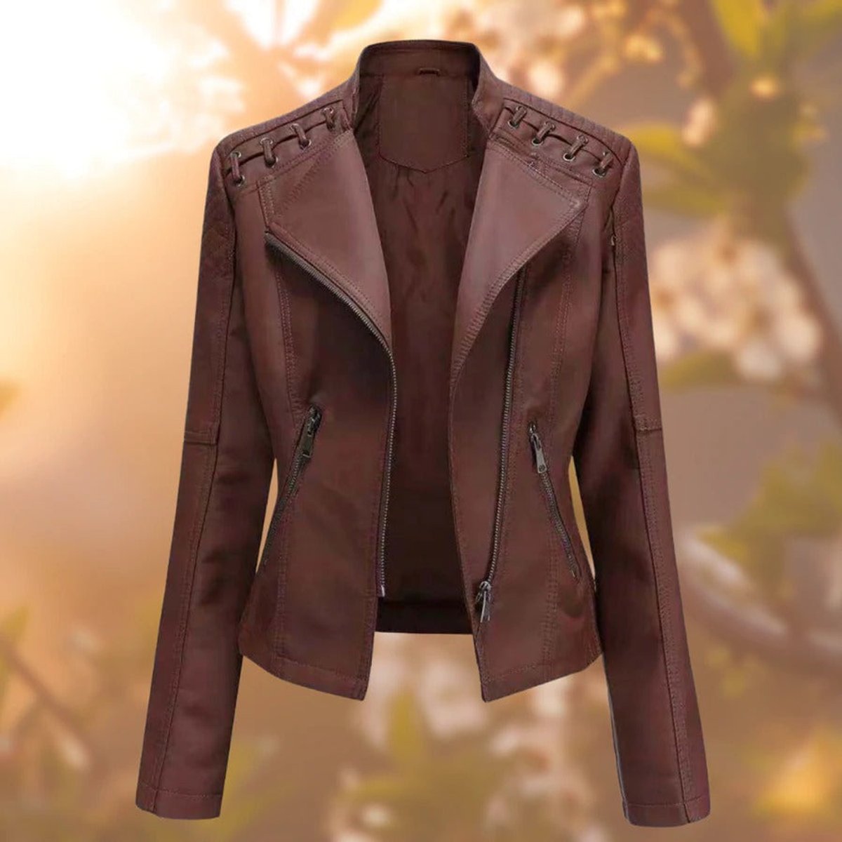 Women's Faux Leather Biker Jacket Zip-Up Moto Style - Dark Brown