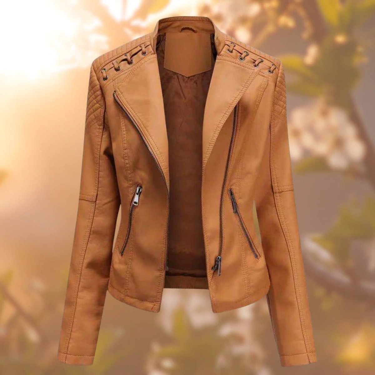 Women's Faux Leather Biker Jacket Zip-Up Moto Style - Orange