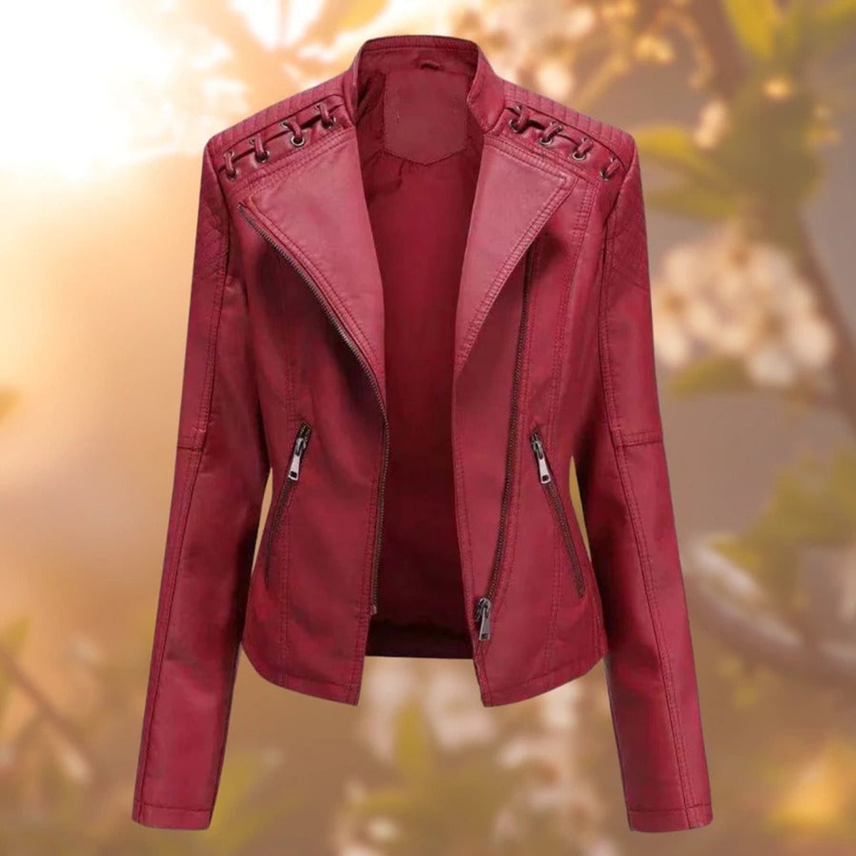 Women's Faux Leather Biker Jacket Zip-Up Moto Style - Dark Red