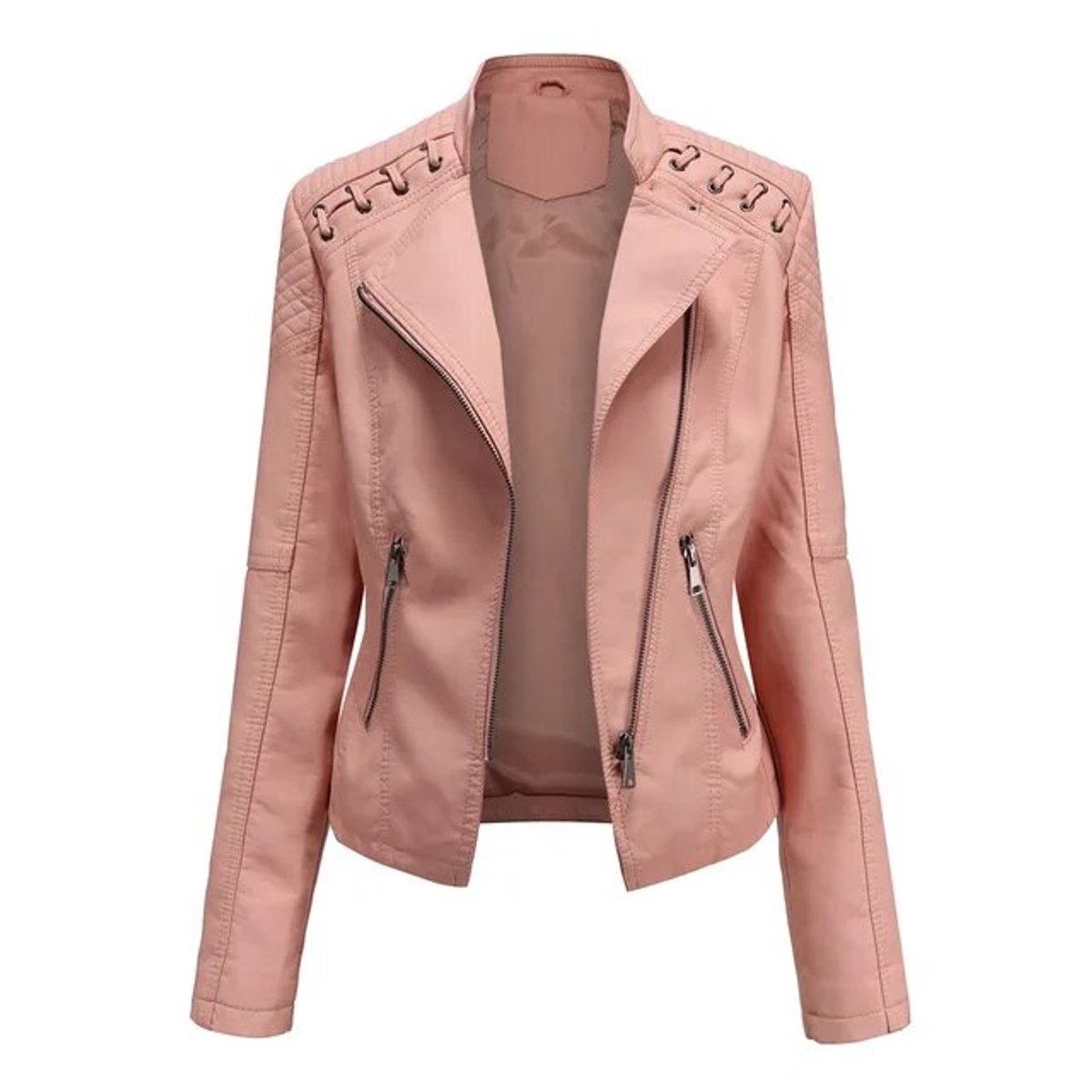 Women's Faux Leather Biker Jacket Zip-Up Moto Style - Pink