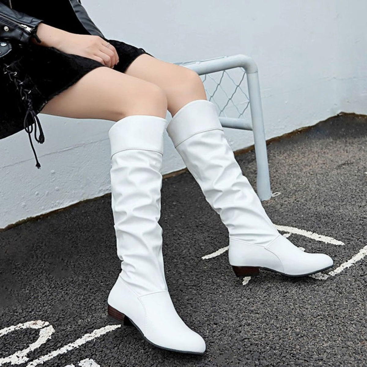 Women's Faux Leather Slouch Knee High Boots Low Block Heel