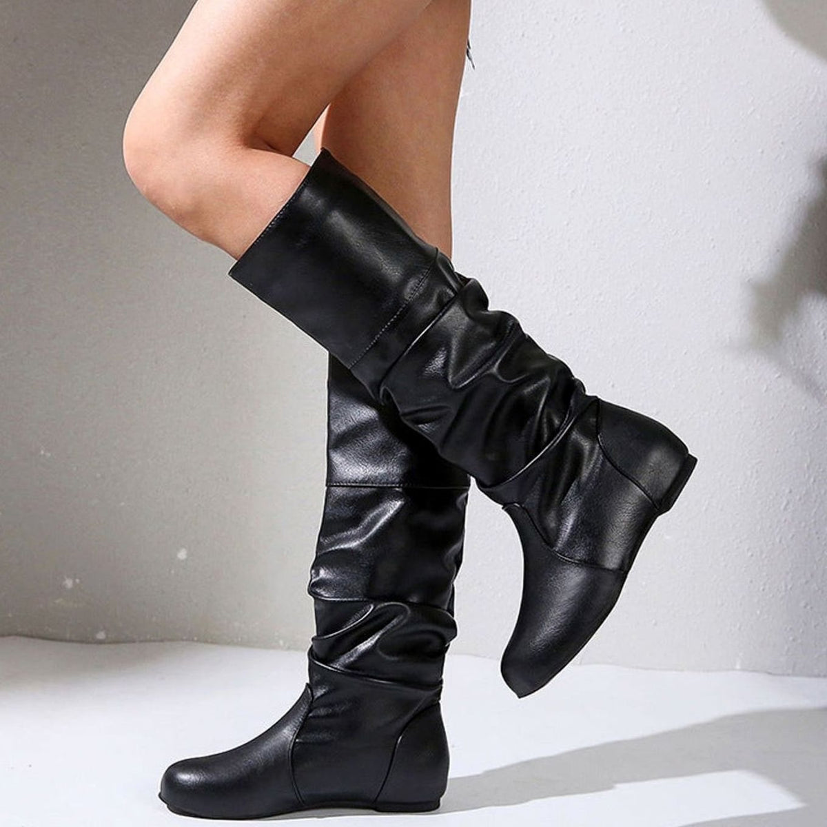 Women's Faux Leather Slouch Knee High Boots Low Block Heel