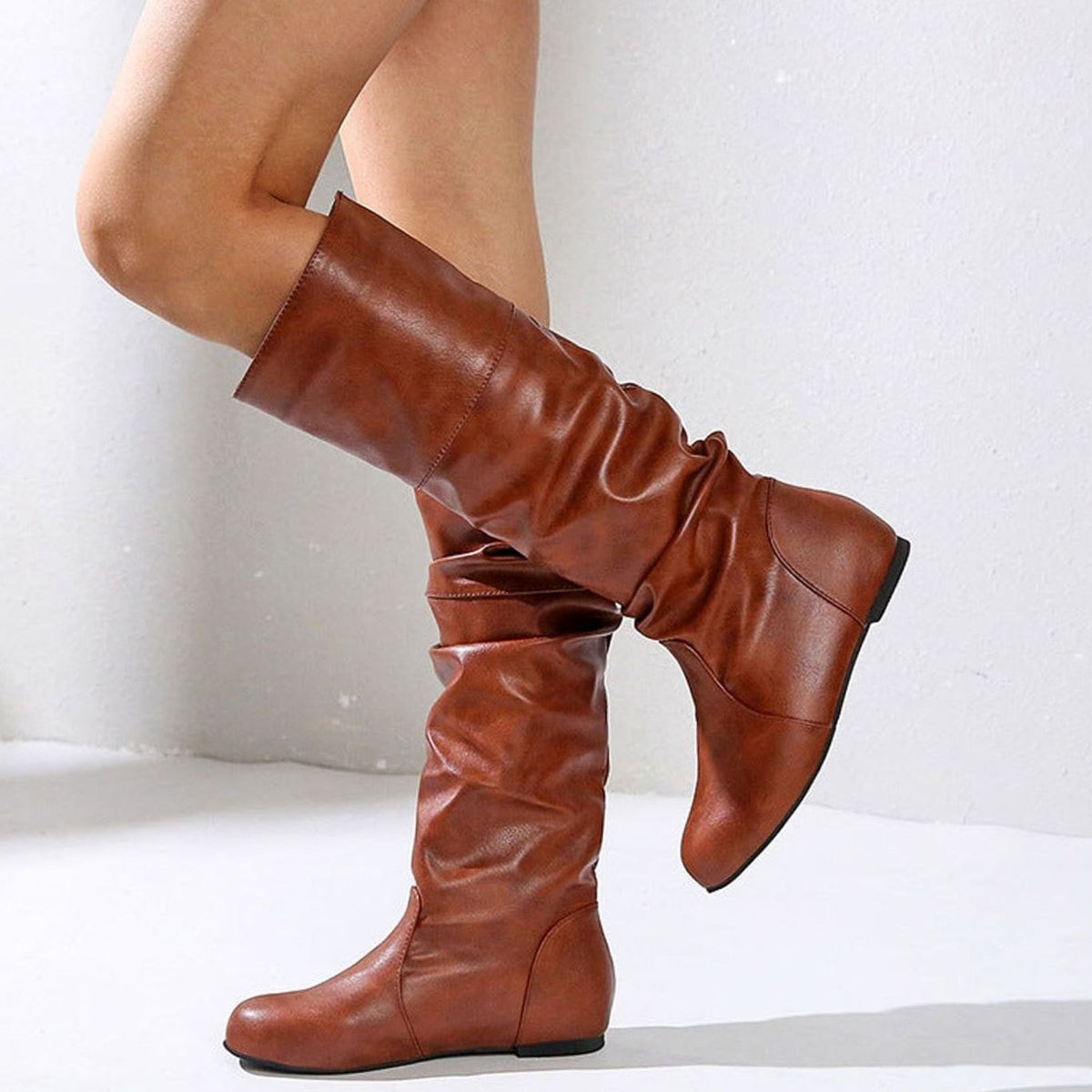 Women's Faux Leather Slouch Knee High Boots Low Block Heel