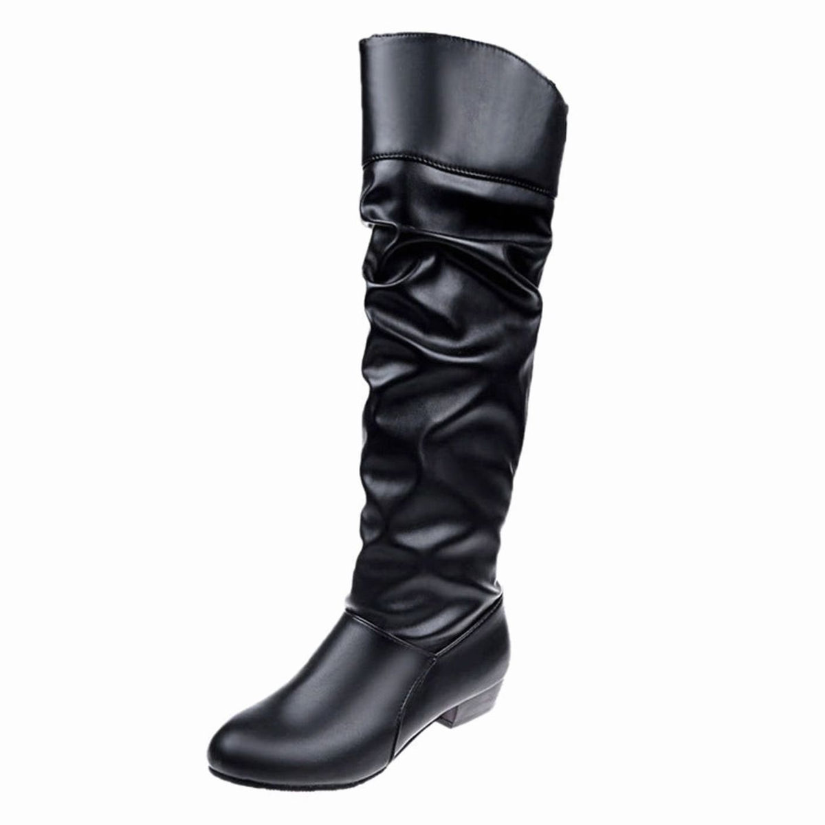 Women's Faux Leather Slouch Knee High Boots Low Block Heel