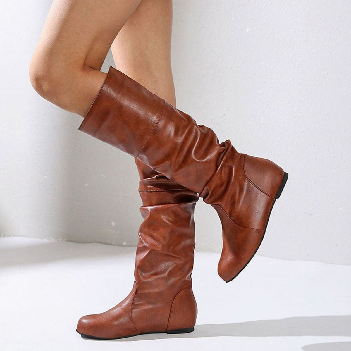 Women's Faux Leather Slouch Knee High Boots Low Block Heel - Brown (Flat Sole)
