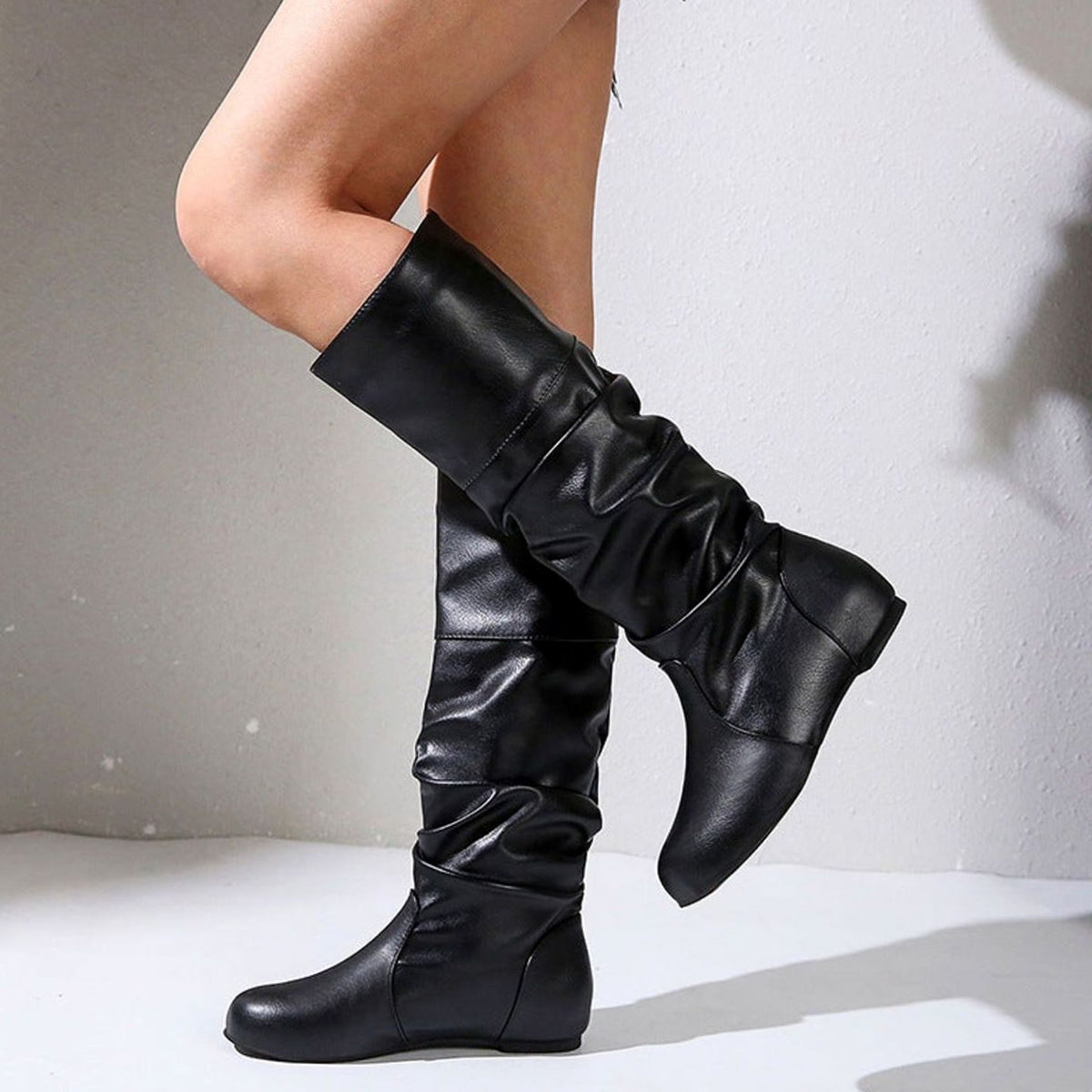 Women's Faux Leather Slouch Knee High Boots Low Block Heel - Black (Flat)