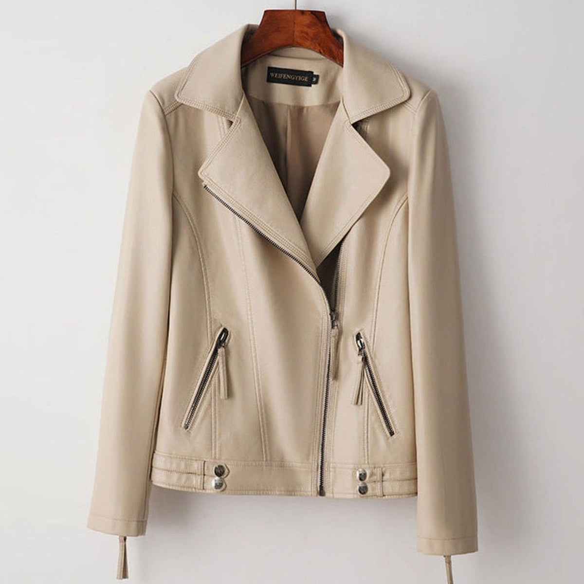 Women's Faux Leather Zip-Up Biker Jacket Structured Feminine Fit - Cream