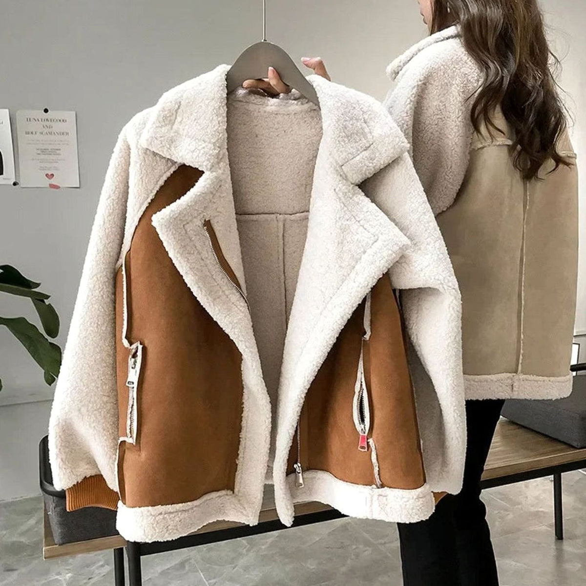 Women's Faux Shearling Suede-Finish Biker Teddy Coat Jacket - Mocha
