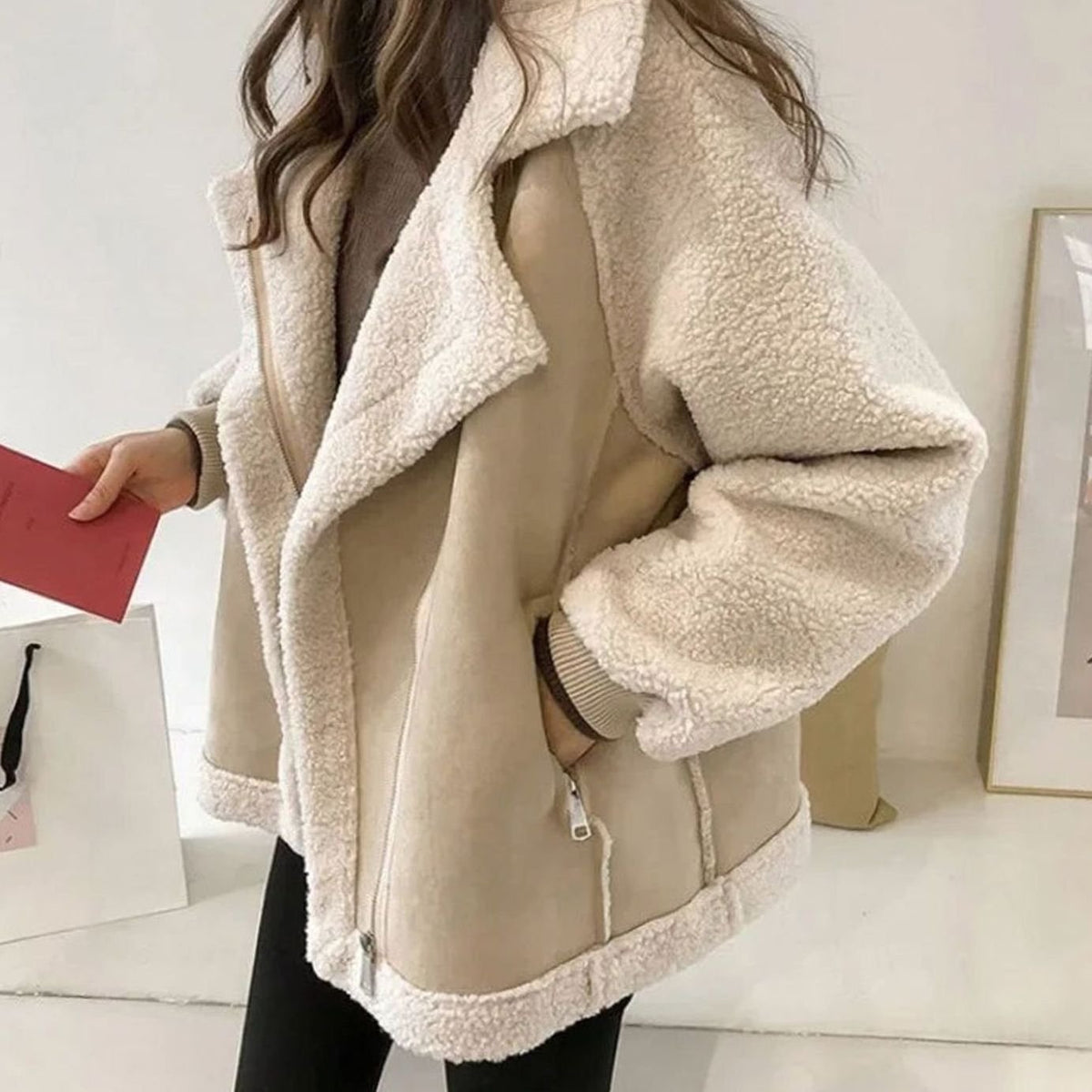 Women's Faux Shearling Suede-Finish Biker Teddy Coat Jacket - Beige