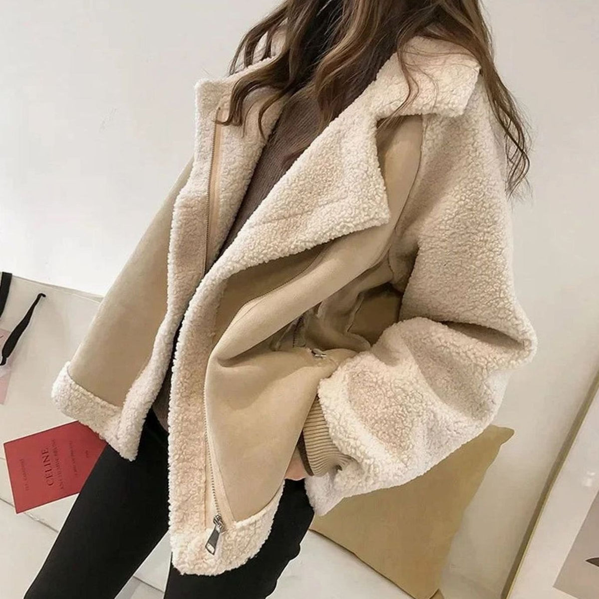 Women's Faux Shearling Suede-Finish Biker Teddy Coat Jacket - Cream and Beige
