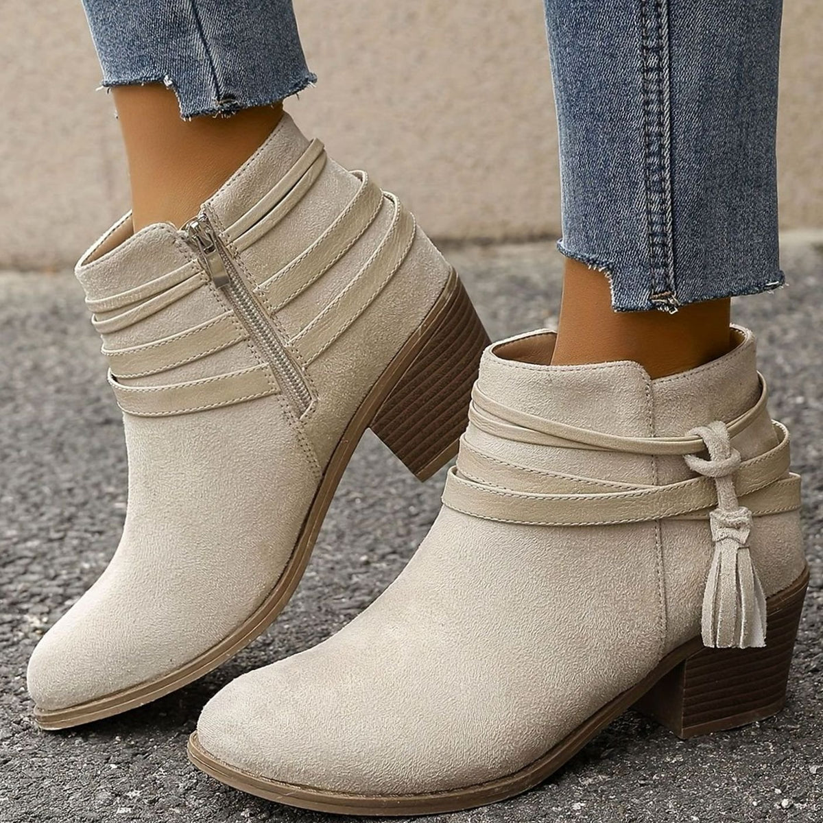 Women's Faux-Suede Block Heel Tassel Strap Ankle Boots