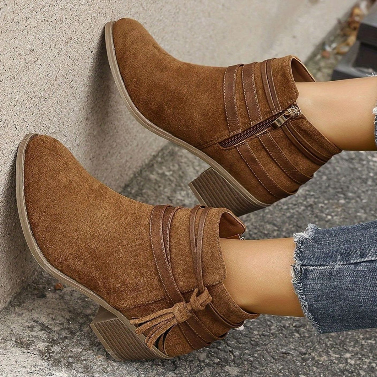 Women's Faux-Suede Block Heel Tassel Strap Ankle Boots - Brown