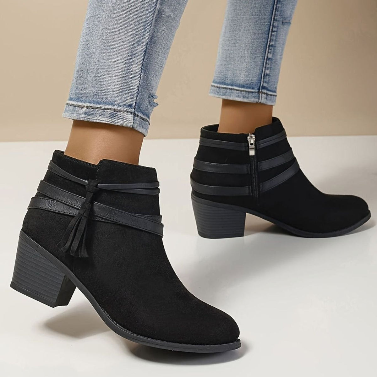 Women's Faux-Suede Block Heel Tassel Strap Ankle Boots