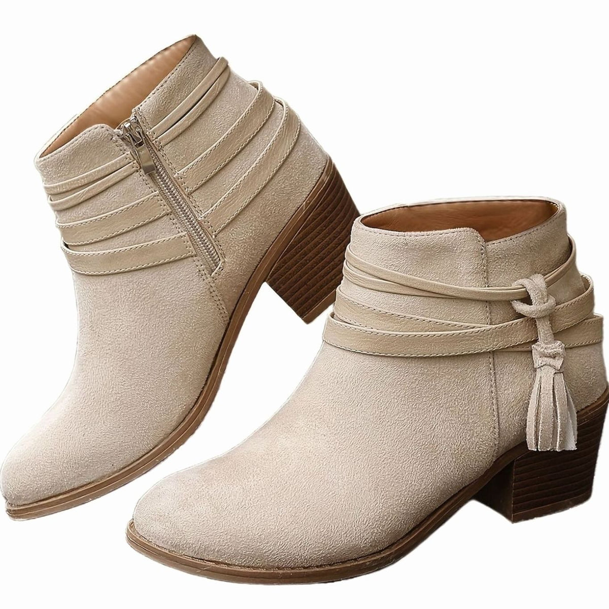 Women's Faux-Suede Block Heel Tassel Strap Ankle Boots - Beige