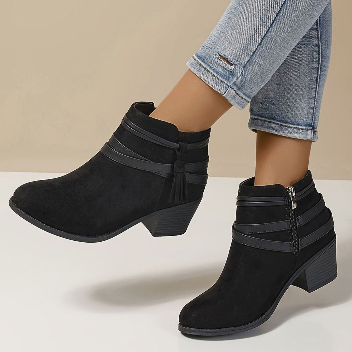 Women's Faux-Suede Block Heel Tassel Strap Ankle Boots