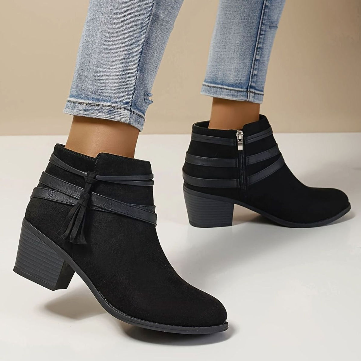 Women's Faux-Suede Block Heel Tassel Strap Ankle Boots