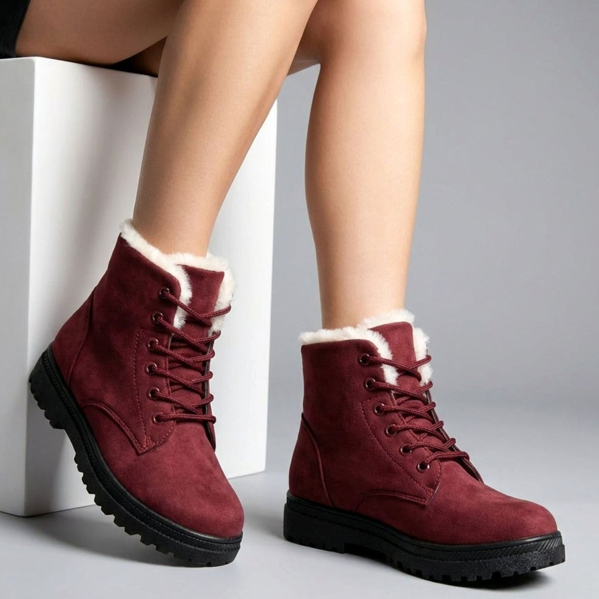 Women's Faux-Suede Fur-Lined Lace-Up Winter Ankle Boots