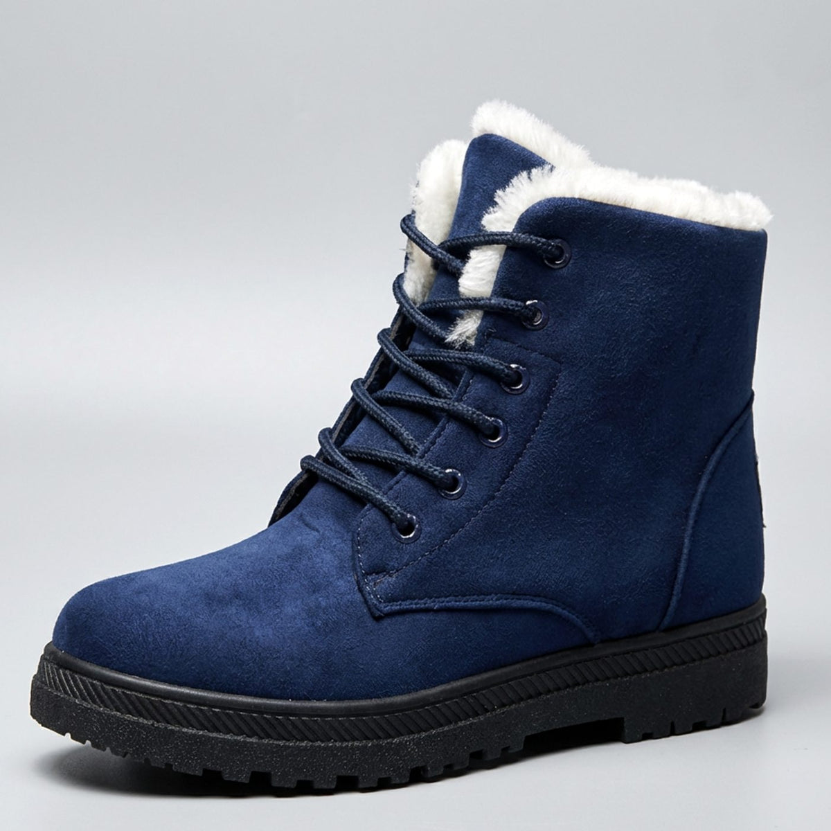 Women's Faux-Suede Fur-Lined Lace-Up Winter Ankle Boots - Blue