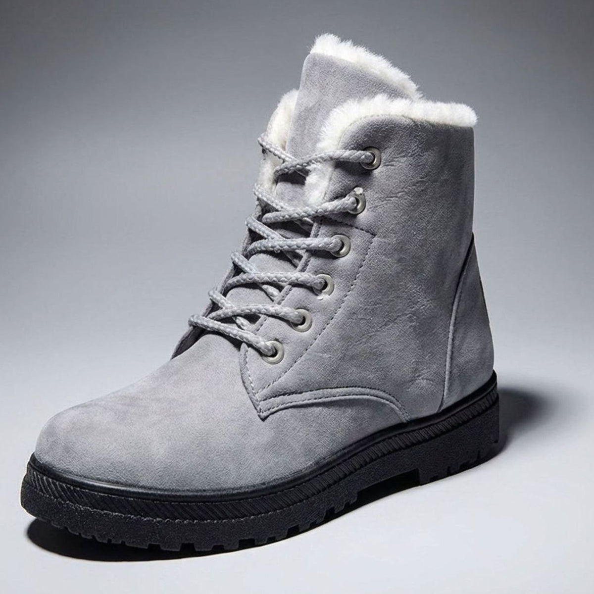 Women's Faux-Suede Fur-Lined Lace-Up Winter Ankle Boots - Grey