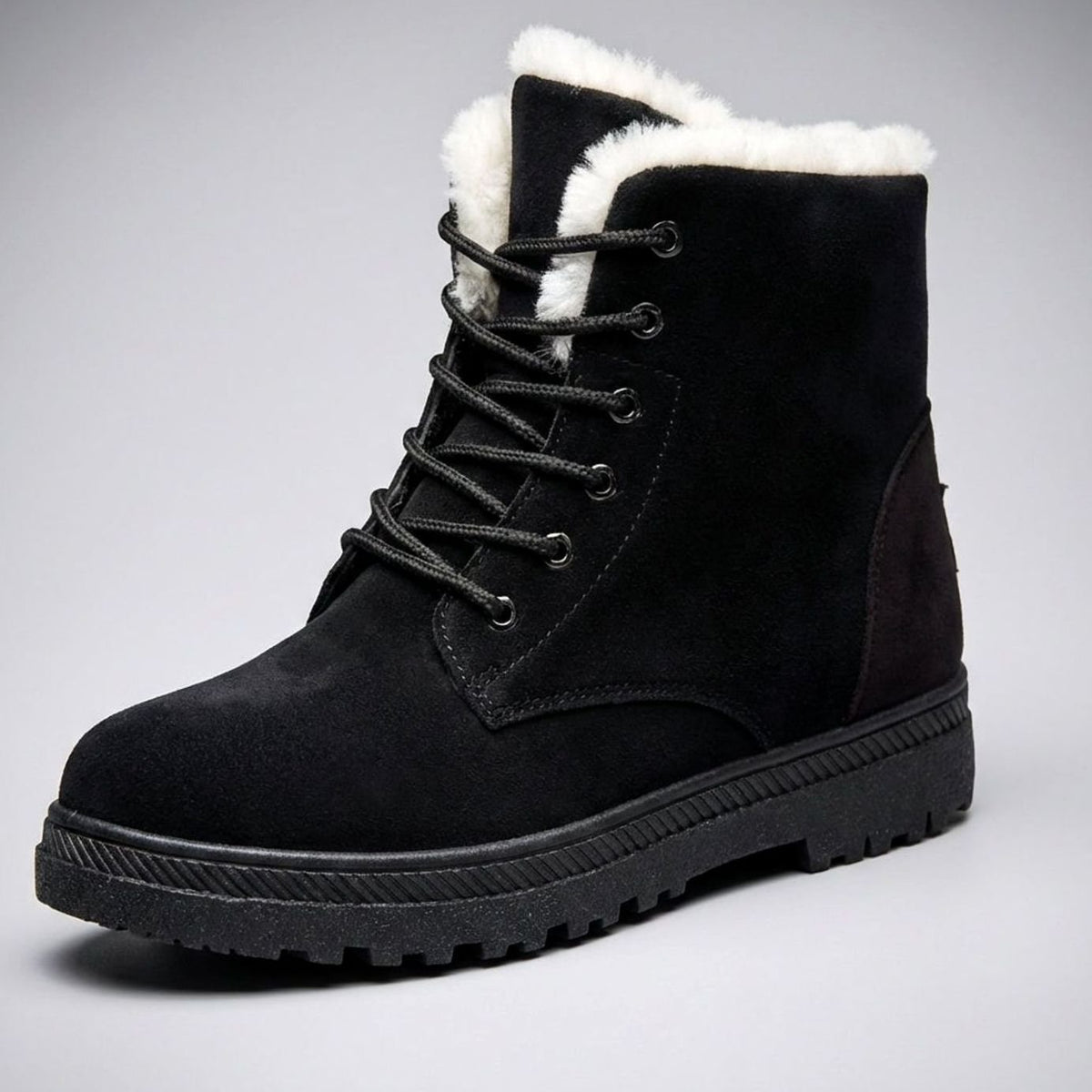 Women's Faux-Suede Fur-Lined Lace-Up Winter Ankle Boots - Black