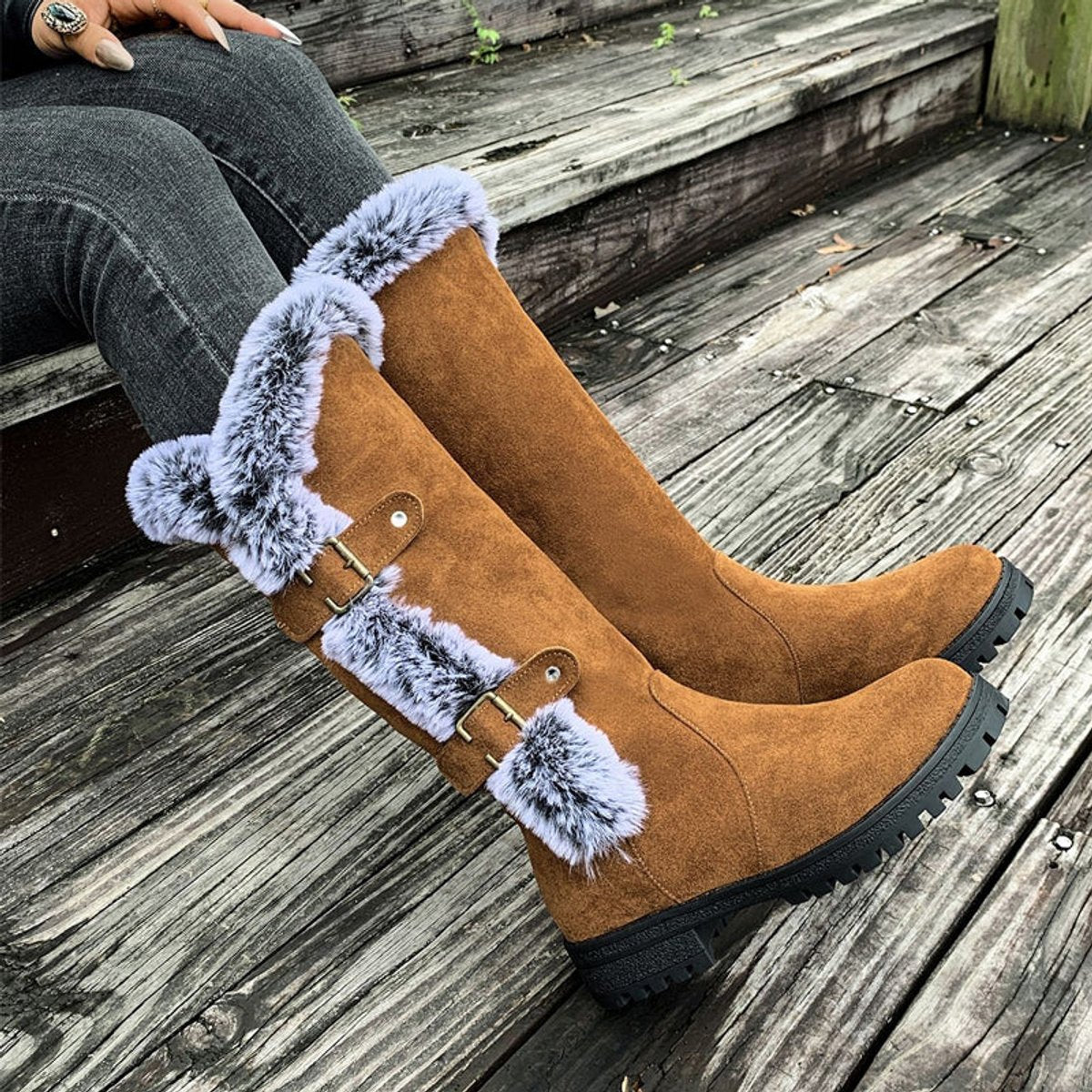 Women's Faux Suede Fur-Trim Buckle Knee High Boots