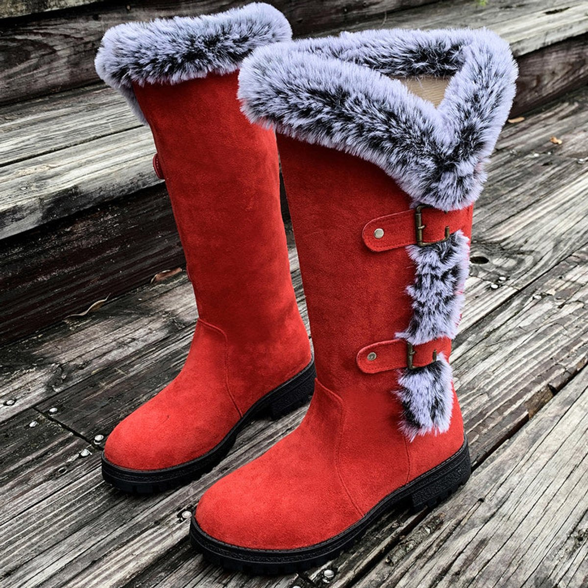 Women's Faux Suede Fur-Trim Buckle Knee High Boots - Red