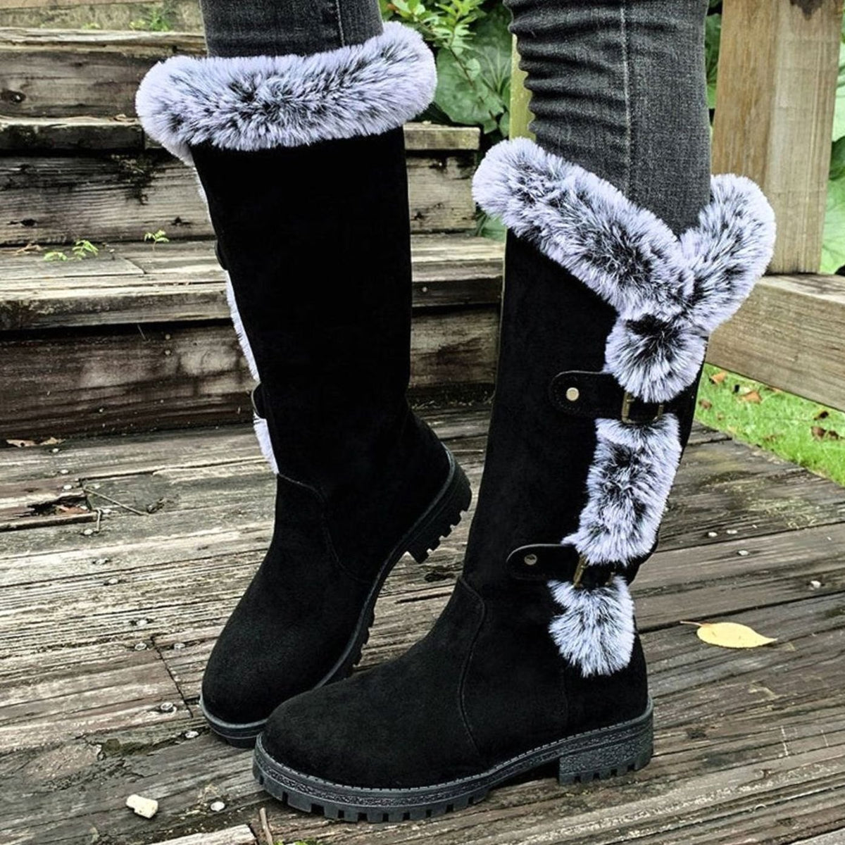Women's Faux Suede Plush-Lined Buckle Knee High Boots - Black