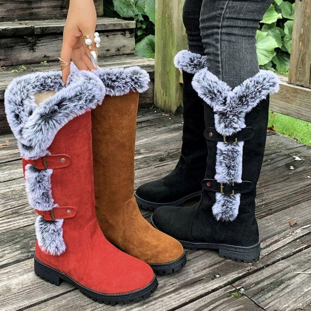 Women's Faux Suede Plush-Lined Buckle Knee High Boots