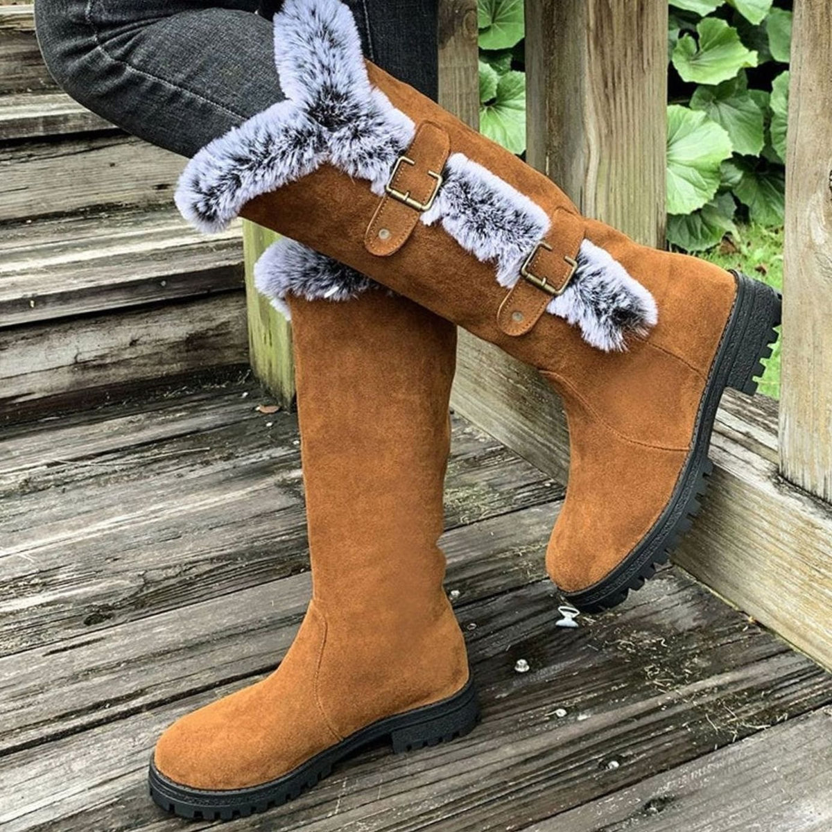 Women's Faux Suede Plush-Lined Buckle Knee High Boots - Light Brown