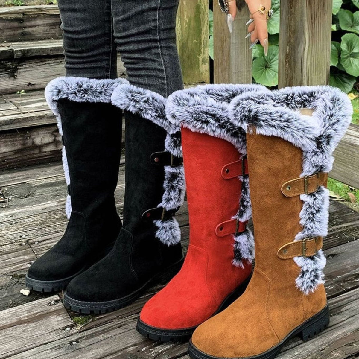 Women's Faux Suede Plush-Lined Buckle Knee High Boots