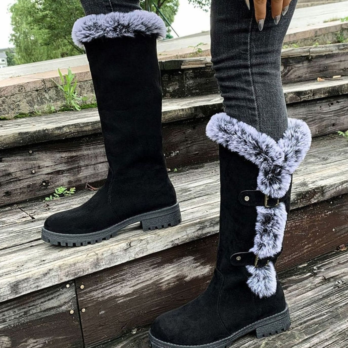 Women's Faux Suede Plush-Lined Buckle Knee High Boots
