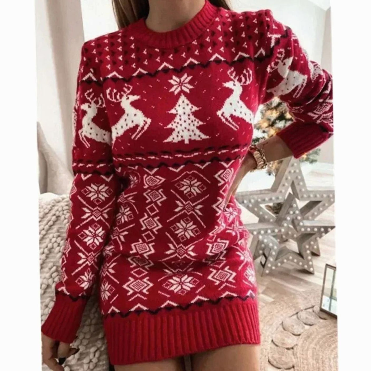 Women's Festive Knitted Christmas Party Dress Long Sleeve - Red