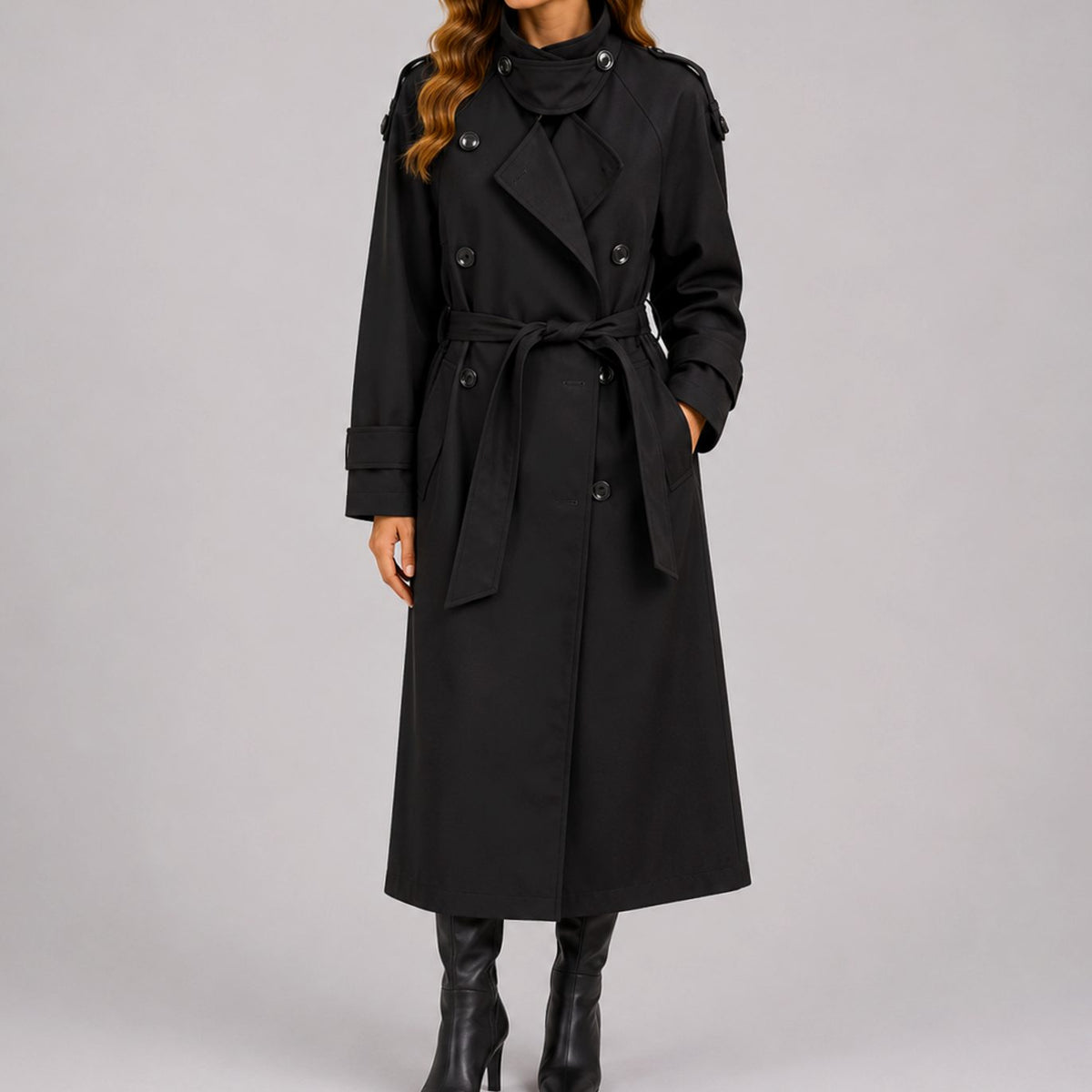 Women's Fitted Double-Breasted Belted Longline Trench Coat - Black