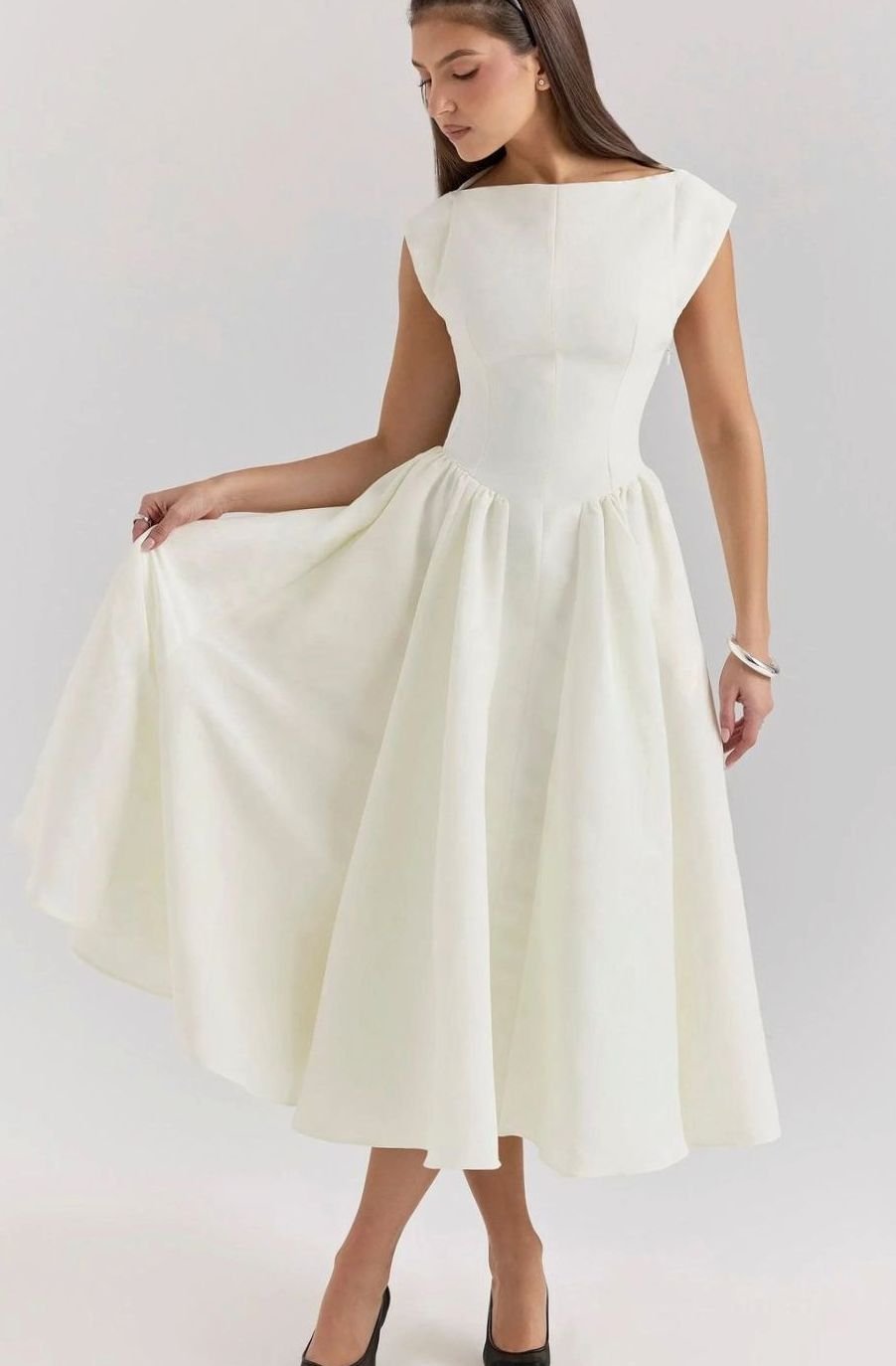 Women's Fitted Flared Midi Party Dress Boat Neck Cap Sleeve