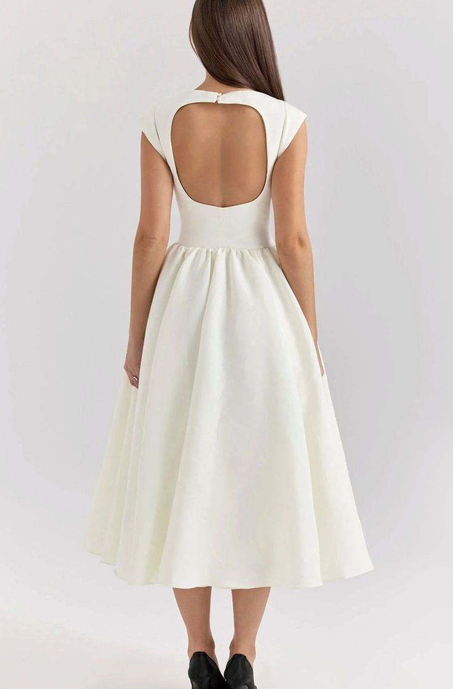 Women's Fitted Flared Midi Party Dress Boat Neck Cap Sleeve
