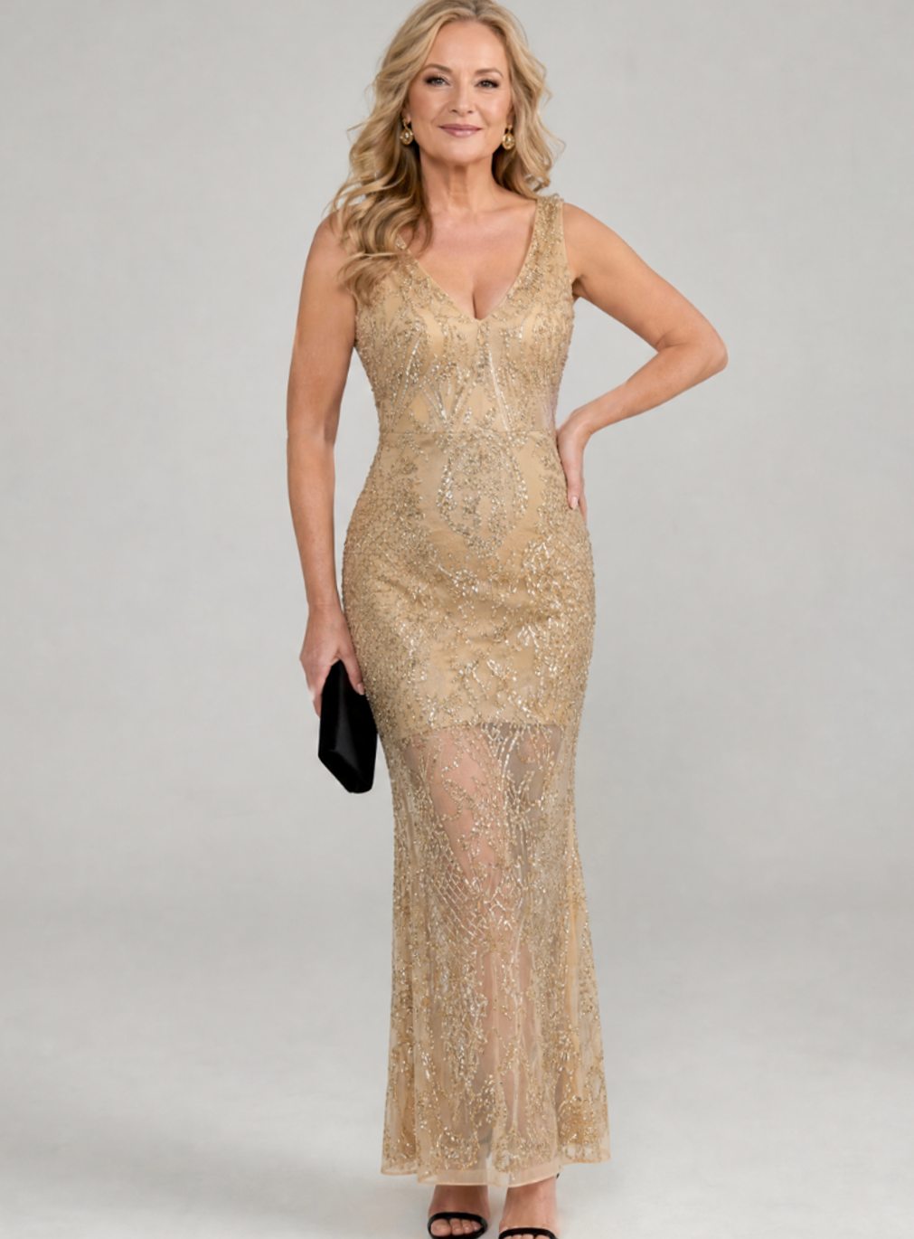 Women's Fitted Sequin Sheer Panel Midi Christmas Party Dress - Beige