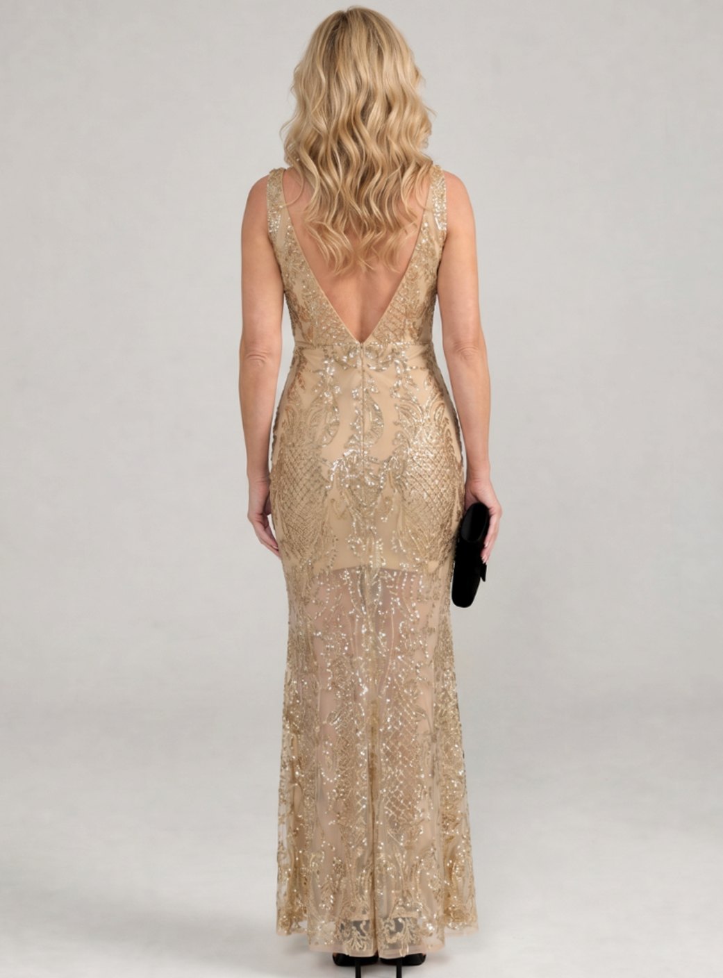 Women's Fitted Sequin Sheer Panel Midi Christmas Party Dress