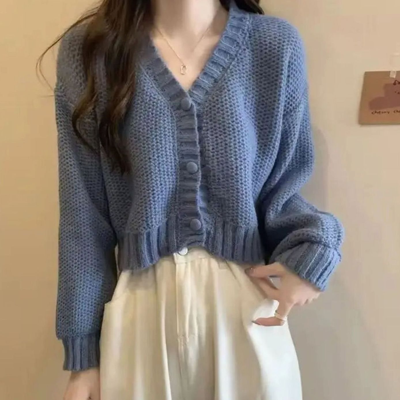 Women's Fitted V-Neck Cropped Cardigan Button Front - Blue