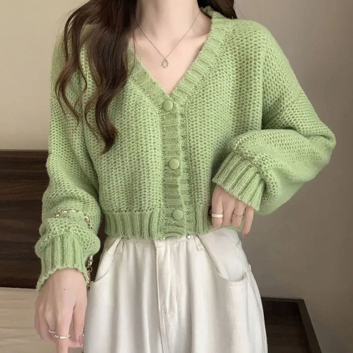 Women's Fitted V-Neck Cropped Cardigan Button Front - Green