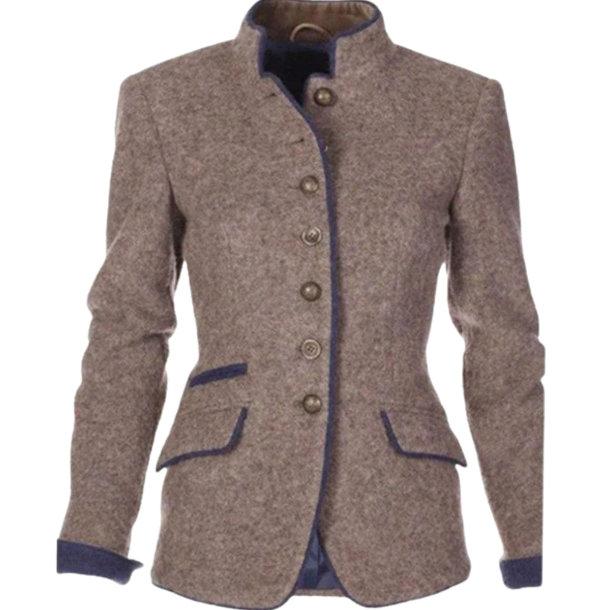 Women's Fitted Wool Button-Up Jacket with Mandarin Collar - Brown