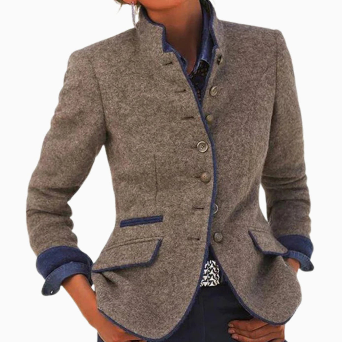 Women's Fitted Wool Button-Up Jacket with Mandarin Collar