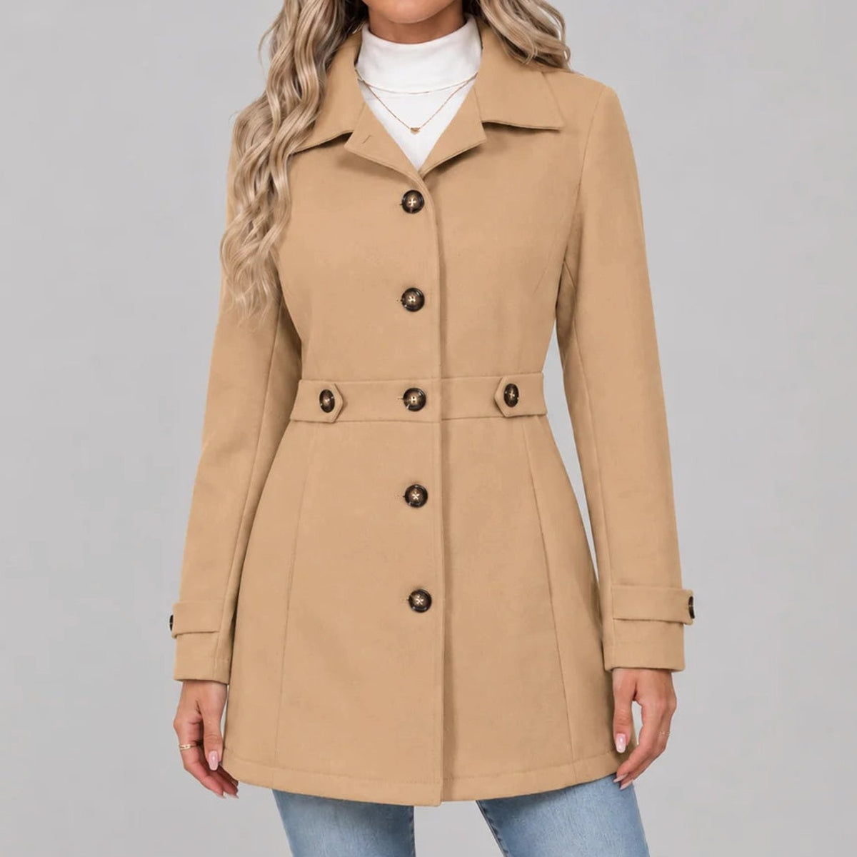 Women's Fitted Wool Coat Ladies Overcoat Button Front Waist - Khaki