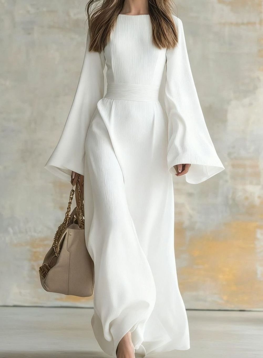 Women's Flared-Sleeve Ribbed Maxi Evening Dress - White