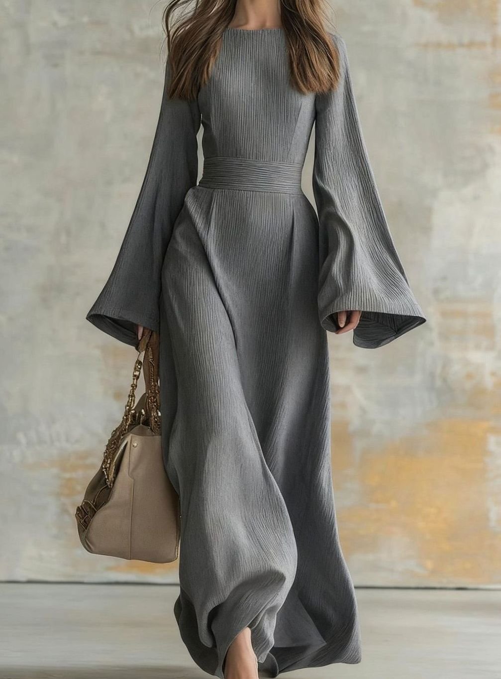 Women's Flared-Sleeve Ribbed Maxi Evening Dress - Grey
