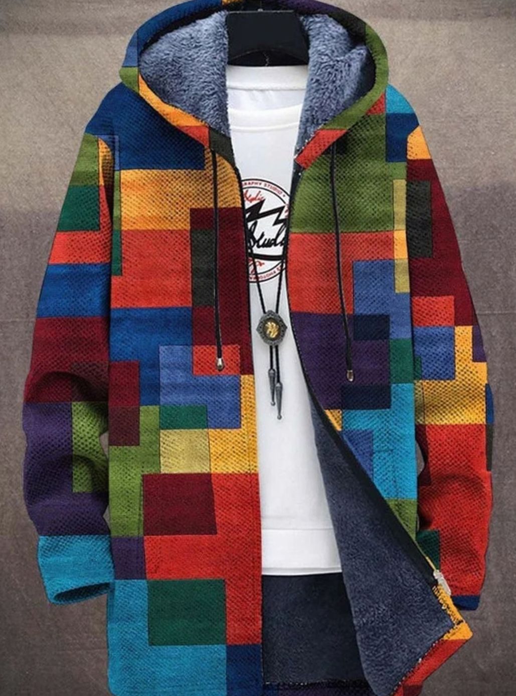 Women's Fleece-Lined Geometric Patterned Knit Zip-Up Hooded Cardigan