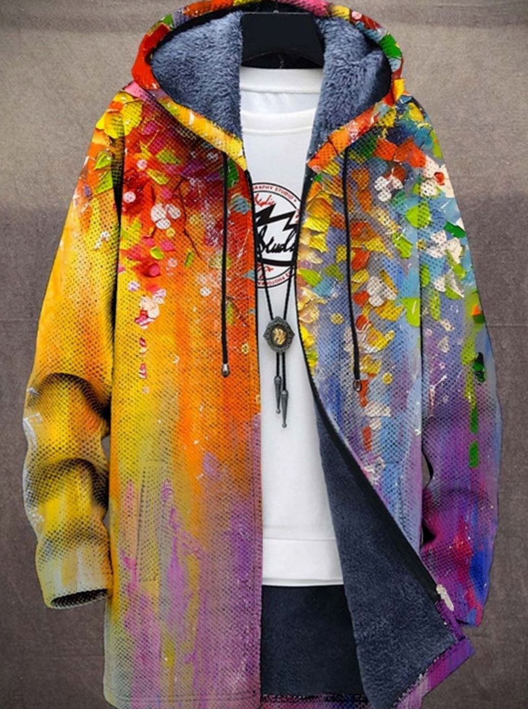 Women's Fleece-Lined Geometric Patterned Knit Zip-Up Hooded Cardigan - Retro