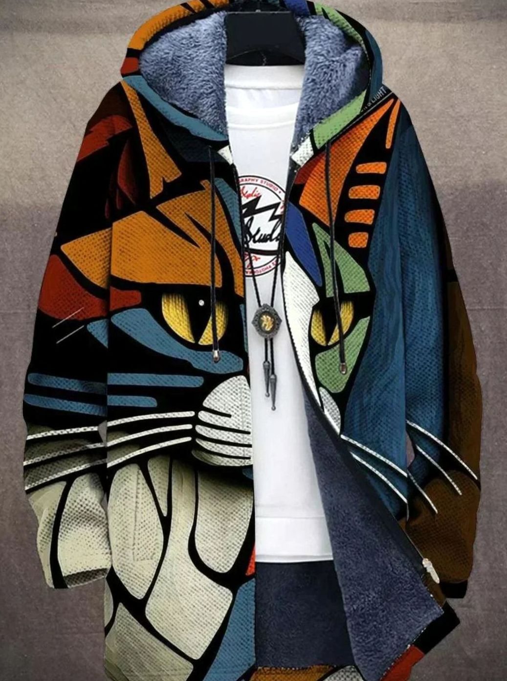 Women's Fleece-Lined Geometric Patterned Knit Zip-Up Hooded Cardigan - Cat